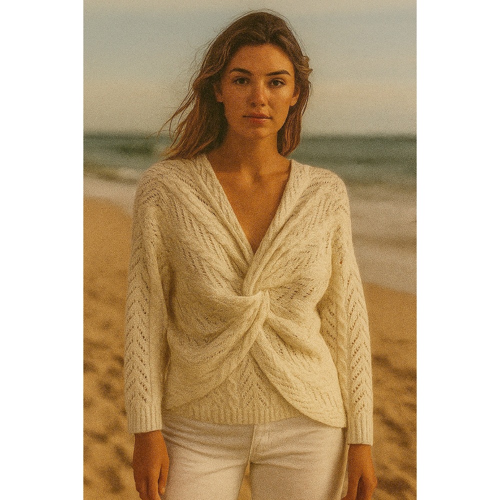 Amoli Twist Front‎ Sweater Medium Ivory Cream Lagom Romantic Feminine Open Knit